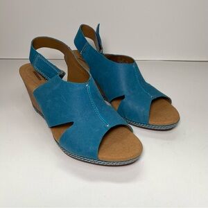 NEW Clarks Helio Float Slingback Wedge Peep Toe Sandals Teal Leather Women's 9 W